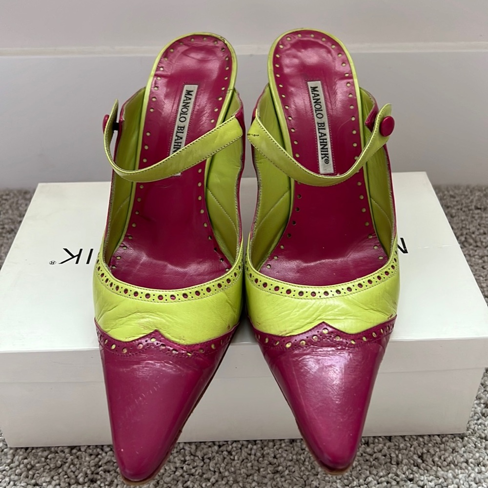 Manolo Blahnik Fuchsia and Lime Green Slide Pumps